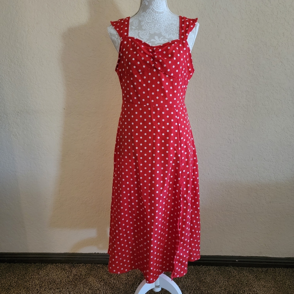 Women's Red And White Polka Dot Sleeveless Dress Sz L